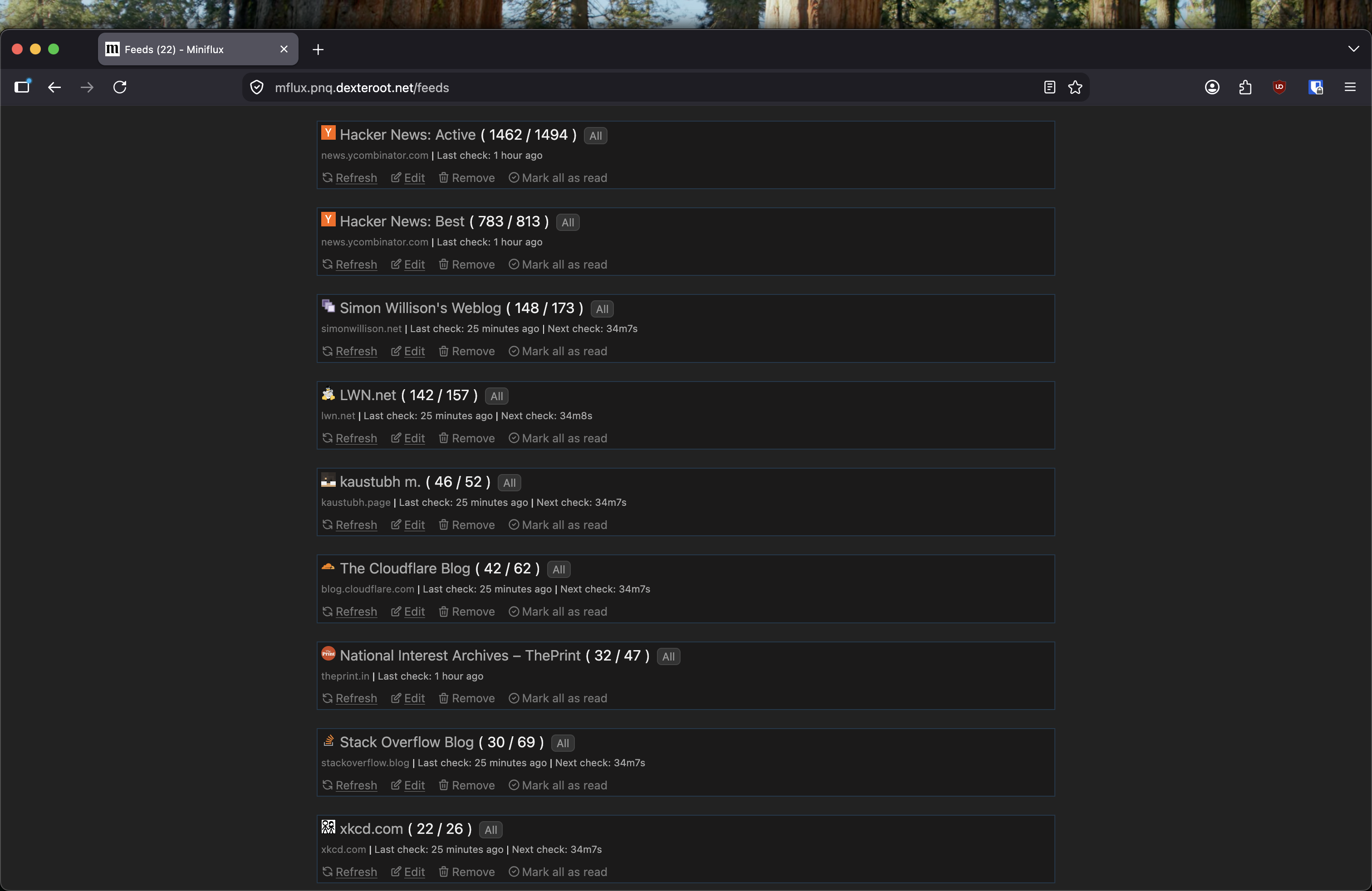 Miniflux feed list showing 22 subscribed feeds with unread counts, including Hacker News: Active, Hacker News: Best, Simon Willison's Weblog, LWN.net, and The Cloudflare Blog